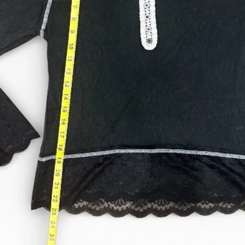 POL Womens Y2k Boho Lace Trim Long‎ Sleeve Henley Top Gray Crochet V-Neck Large
